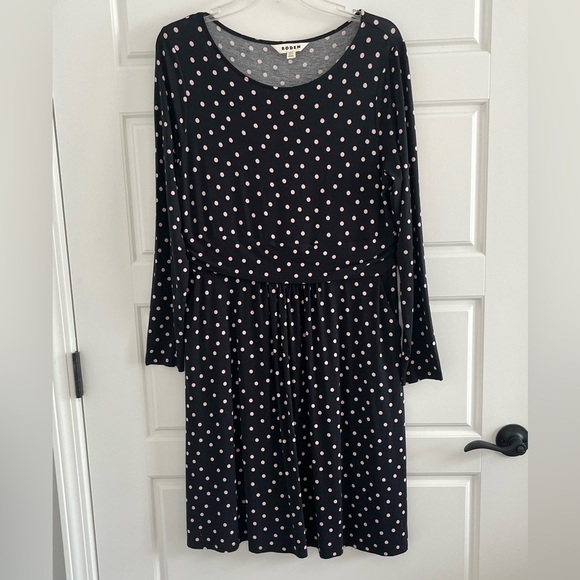 Boden Abigail Black and Pink Polka Dot Long Sleeve Dress Size 10P Jersey Knit - Picture 3 of 16